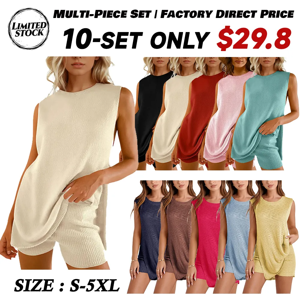 Women's Knit Sweater Set Sleeveless Tunic Top Matching Short 2 Pieces Set