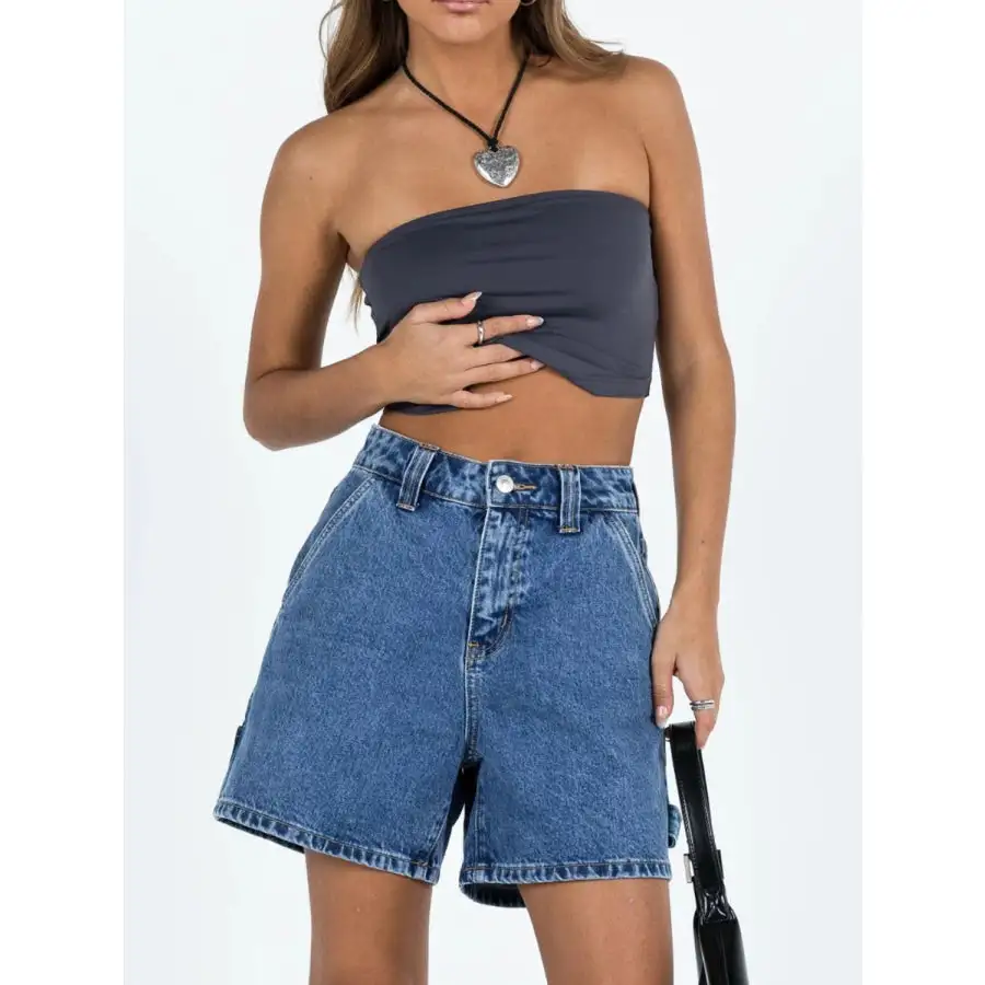 High Rise Pocketed Washed Denim Shorts