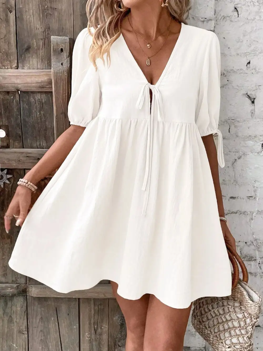 V Neck A Line Mini Dress