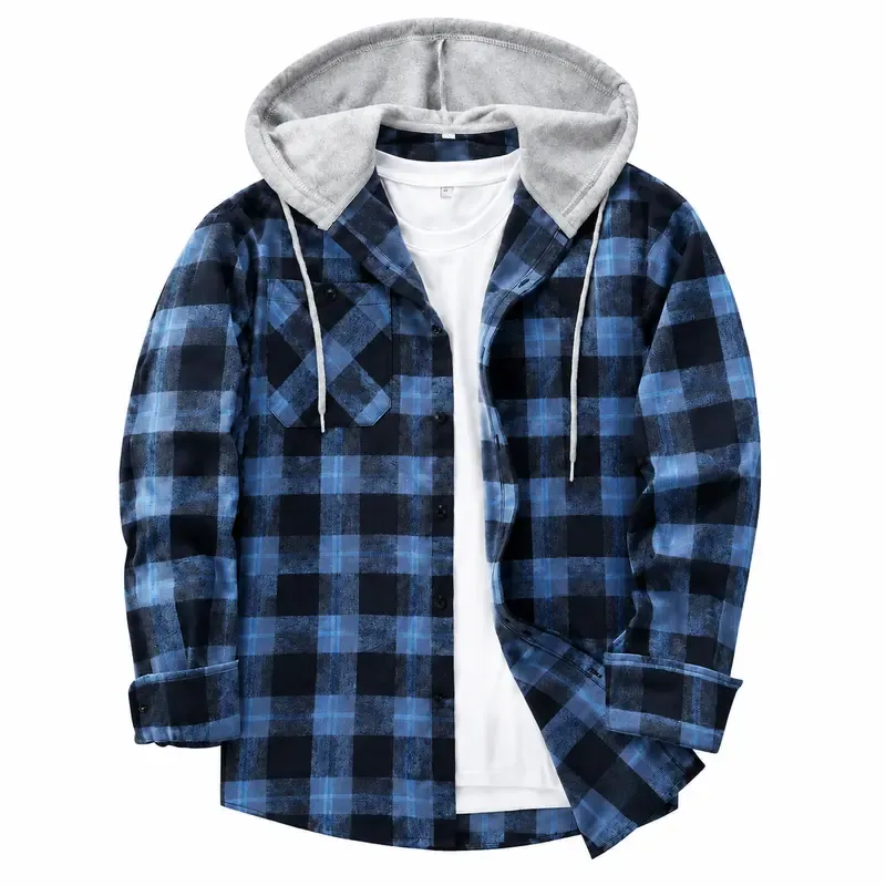 Men's Plus-Size Plaid Flannel Hooded Long-Sleeve Shirt Jacket