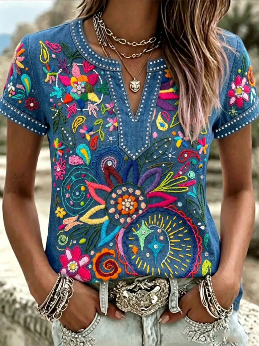 Women's casual cotton and linen short sleeved shirt