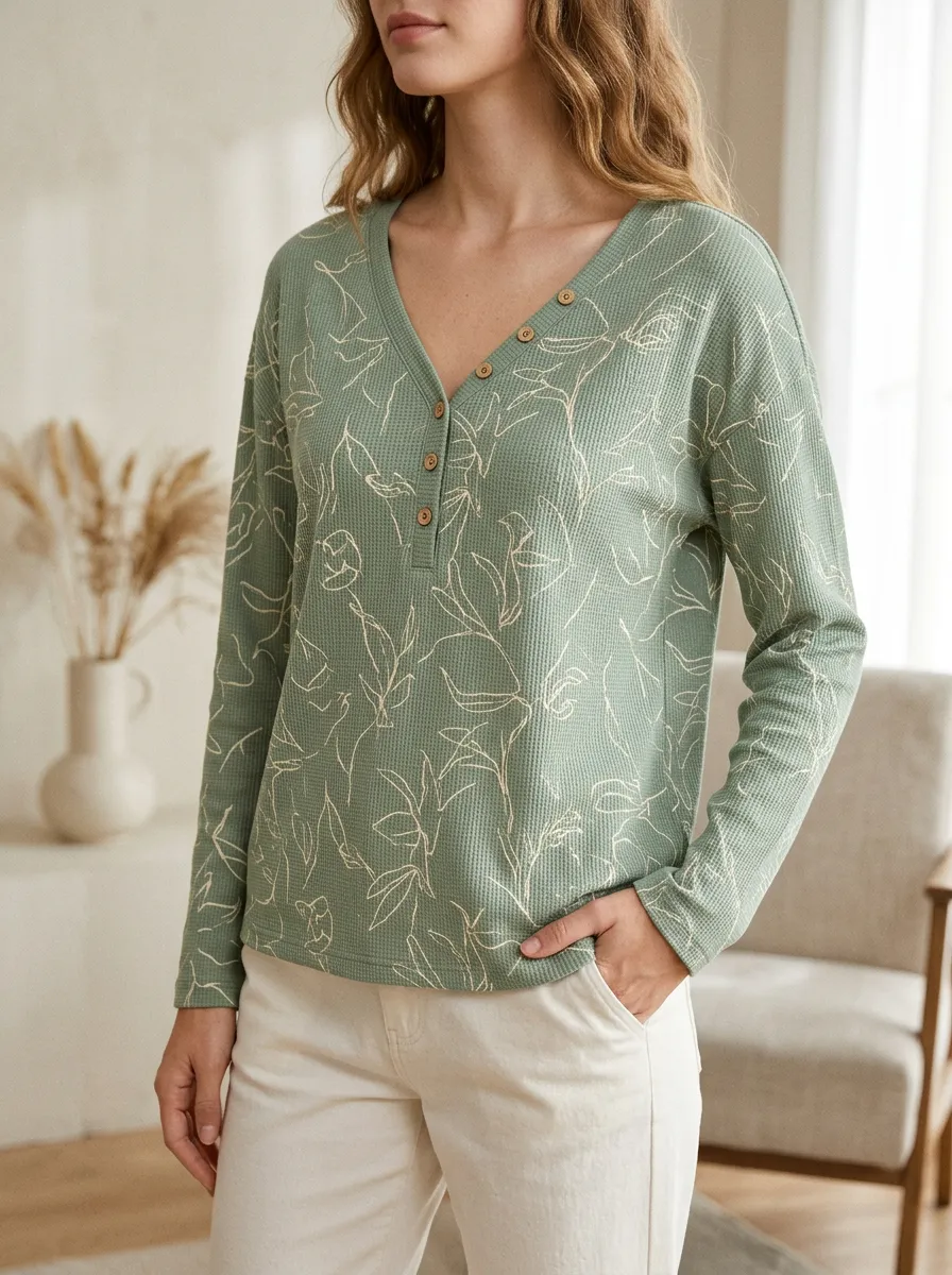 Women's Botanical Line Art Sage Green Printed Henley Shirt