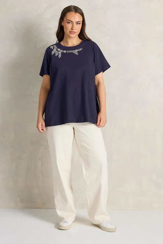 Navy Blue Beaded Flower T-Shirt detail 2