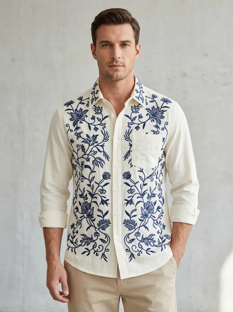 Men's Long Sleeve Floral Embroidered Shirt