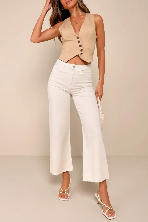 Casual Style Cream Wide-Leg Raw Hem Jeans
