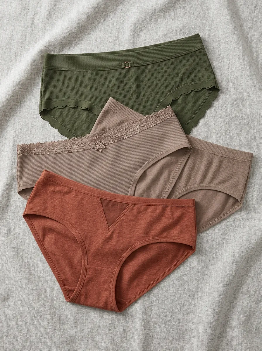 Women's Earth Tone Waffle Lace Trim Cotton Panties Set
