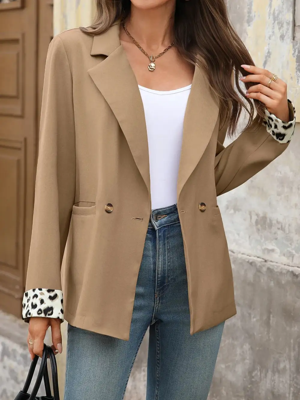Double-Breasted Lapel-Collar Long-Sleeve Blazer