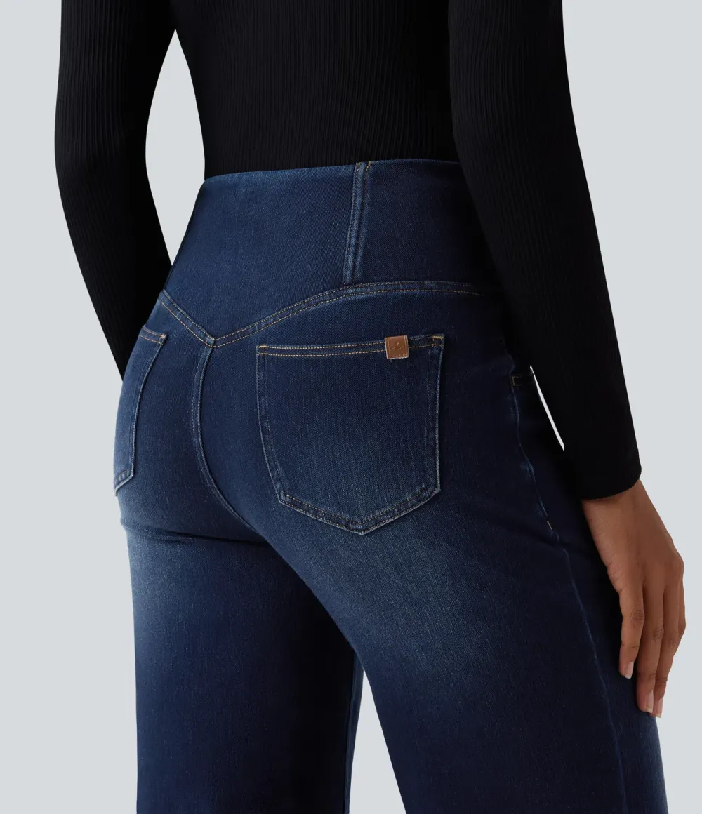 High-waisted, relaxed, crossover straight-leg jeans with  pockets