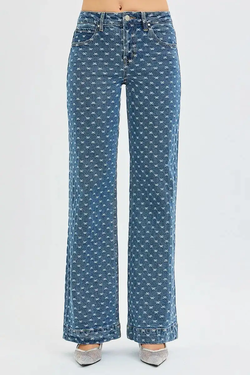 High Waist Wide Leg Embroidered Denim Jeans