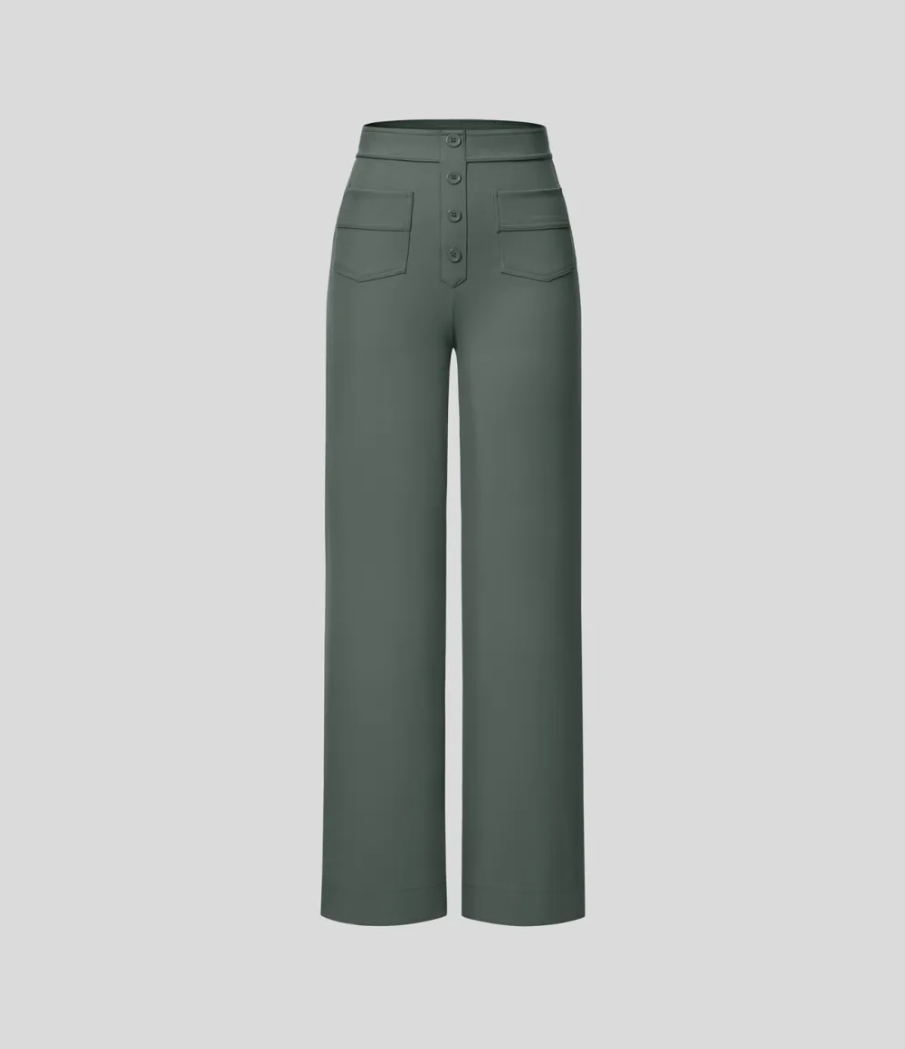 High Waisted Button Multiple Pockets Straight Leg Casual Pants