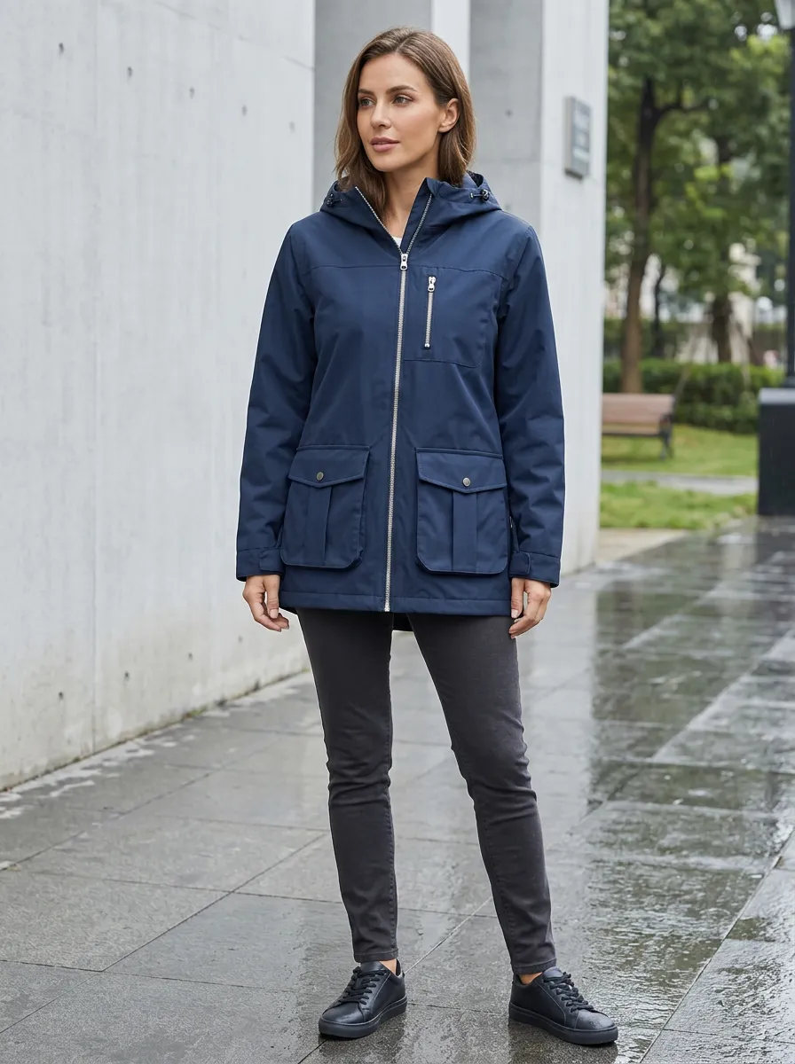 Women's Navy Blue Hooded Waterproof Rain Jacket with Flap Pockets