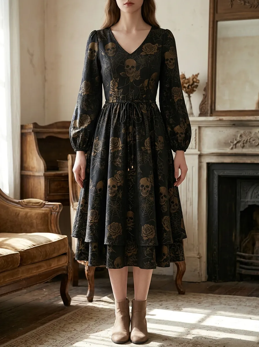 Women's Gothic Rose Skull Halloween Printed Midi Dress