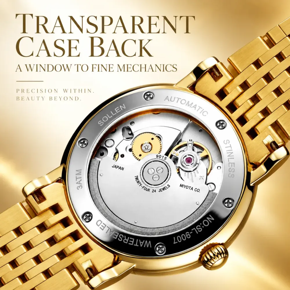 Sollen 9007 Automatic Watch - Men's & Women‘s Couple Sunray Dial Crystal Bezel 9-Bead Stainless Steel Bracelet Wristwatch