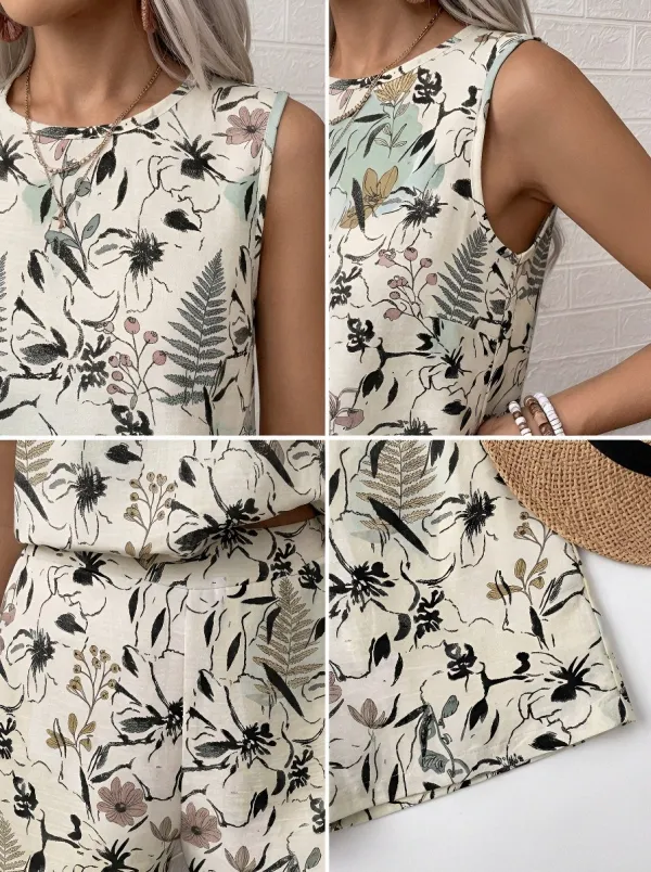Women's Botanical Floral Fern Printed Sleeveless Shorts Set