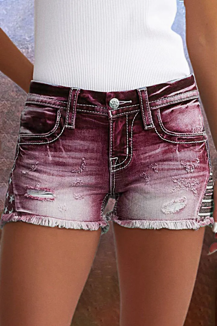 Embroidered Ripped Raw Hem Denim Shorts