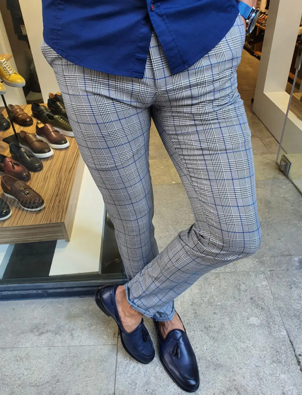 Sleek Slim Fit Plaid Tailored Trousers