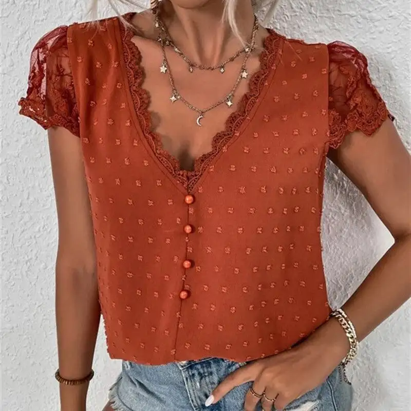 Lace Detail V-Neck Short Sleeve Blouse
