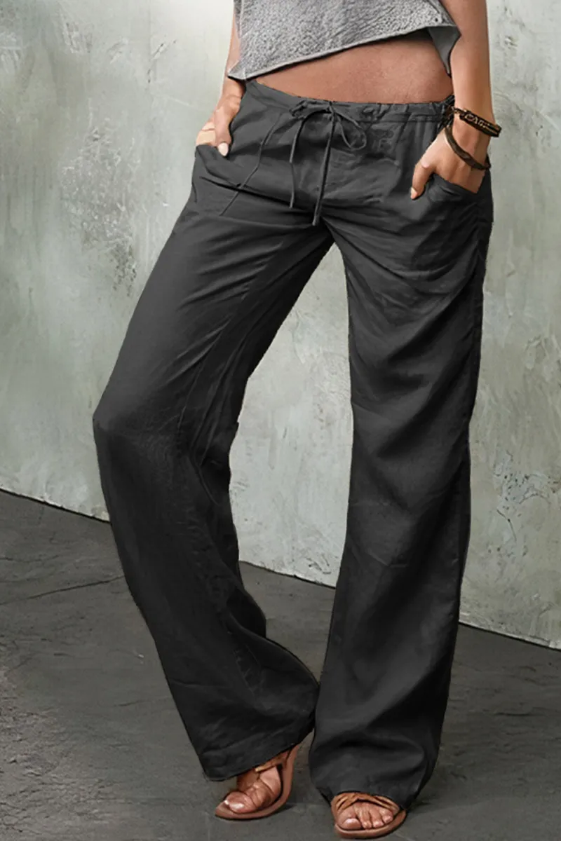 Solid Slant Pocket Drawstring Low Rise Pants