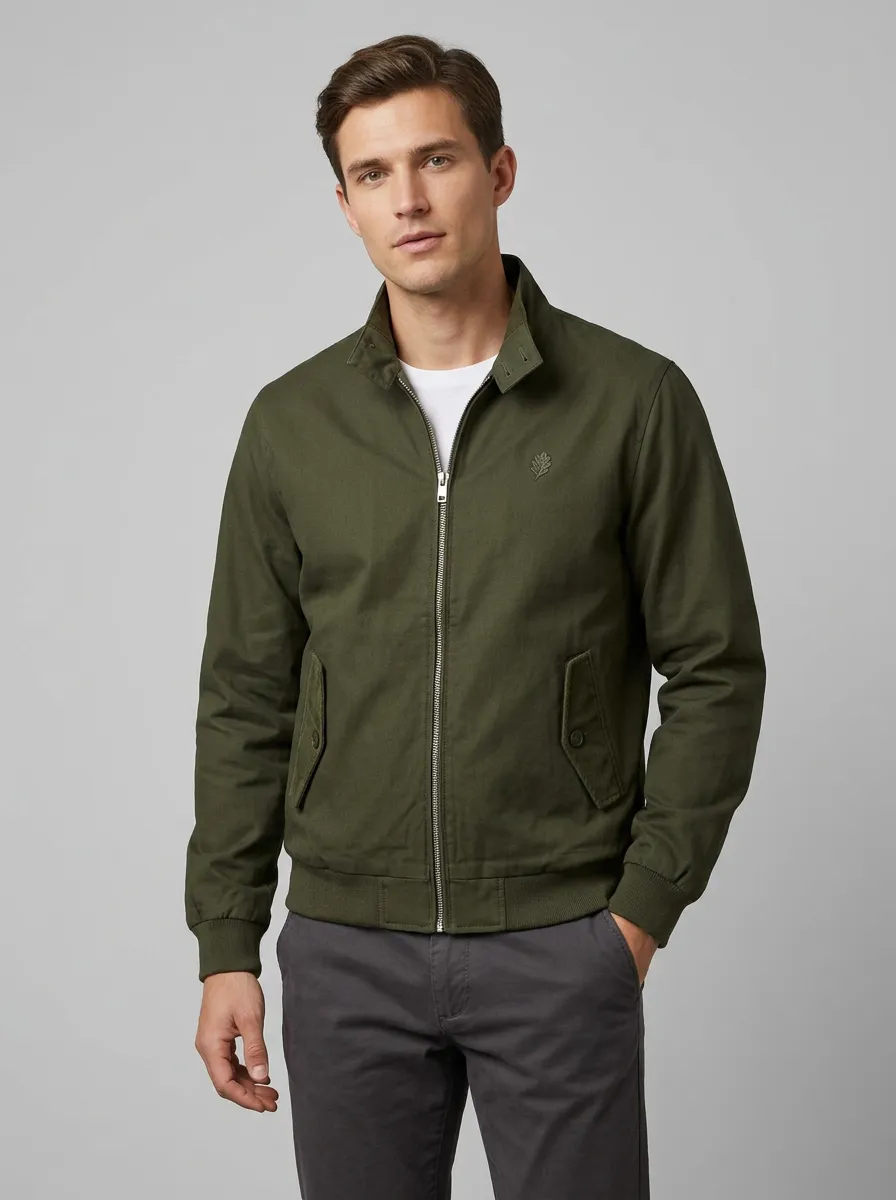 Men's Olive Green Leaf Embroidered Zip-up Jacket