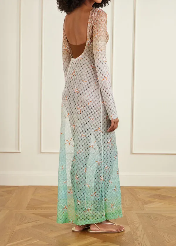 Backless Gradient Embroidered Metal Maxi Dress