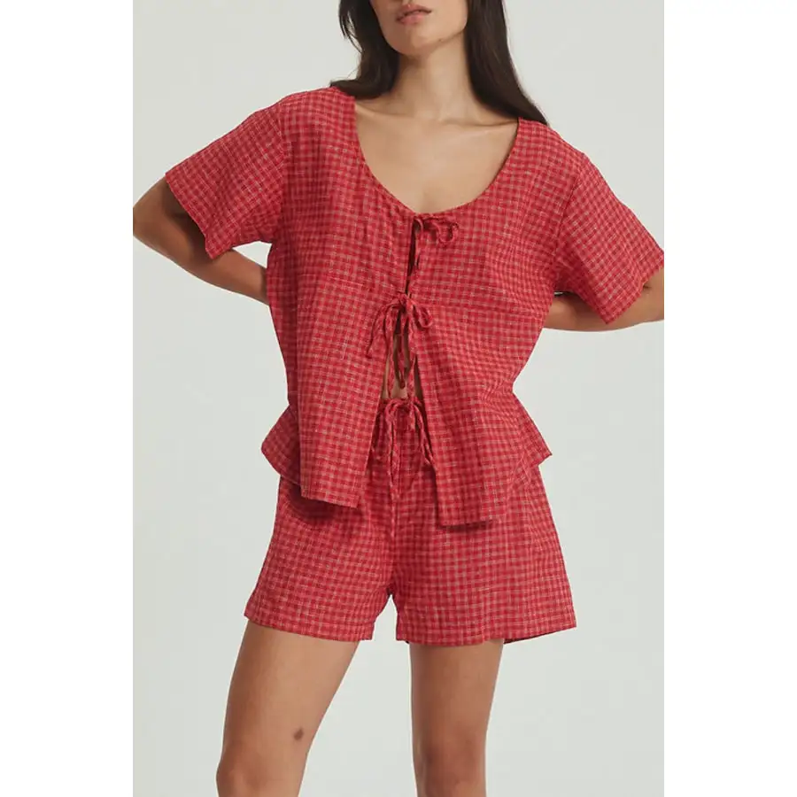 Plaid Tied Scoop Neck Short Sleeve Top and Drawstring Shorts Set