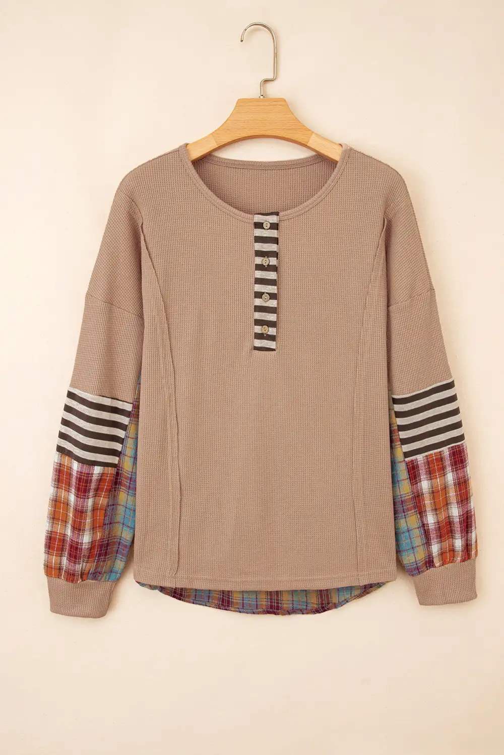 Refined Plaid Henley Neck Waffle Knit Relaxed Cotton Blend Long Sleeve Top