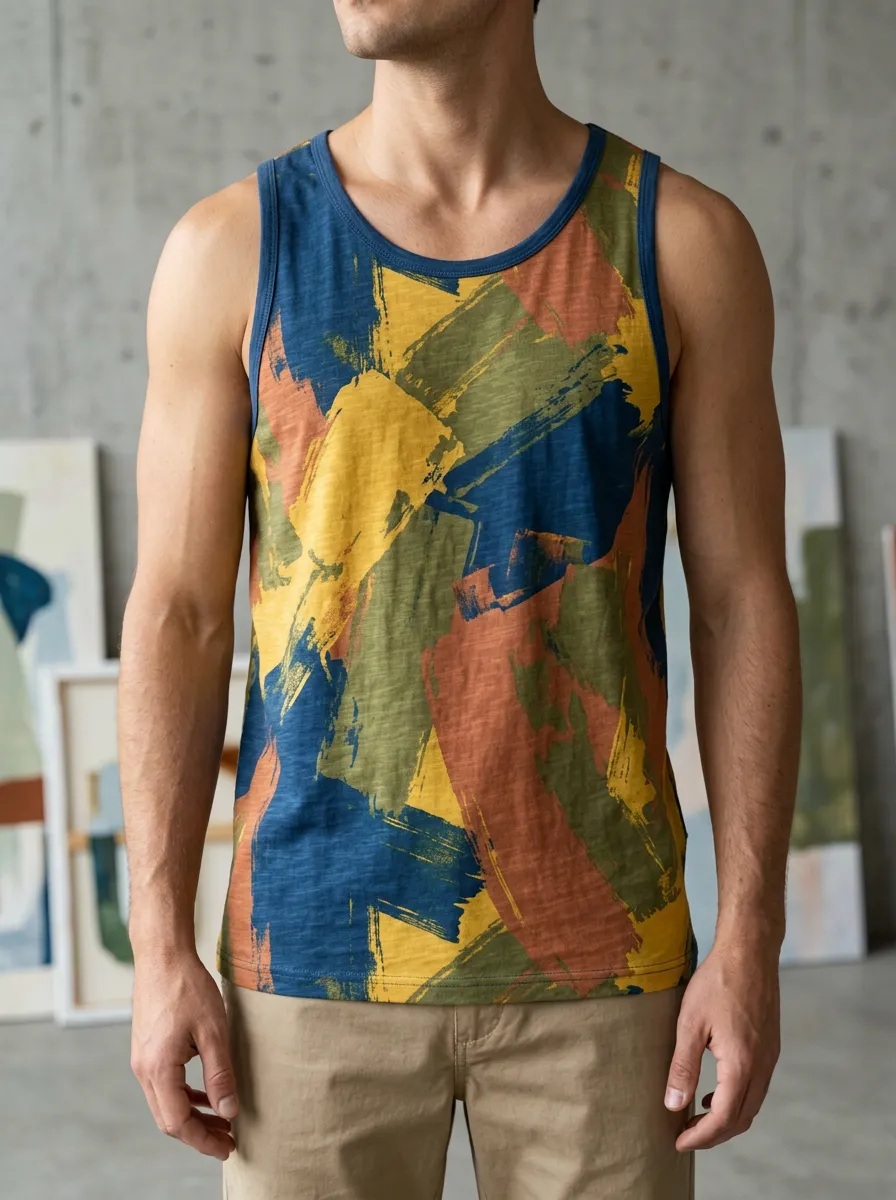 Men's Abstract Brushstroke Pattern Tank Top