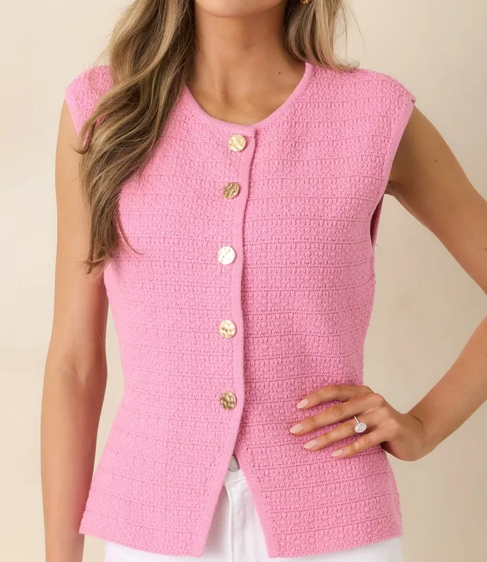 Pink Textured Sleeveless Button-Front Top