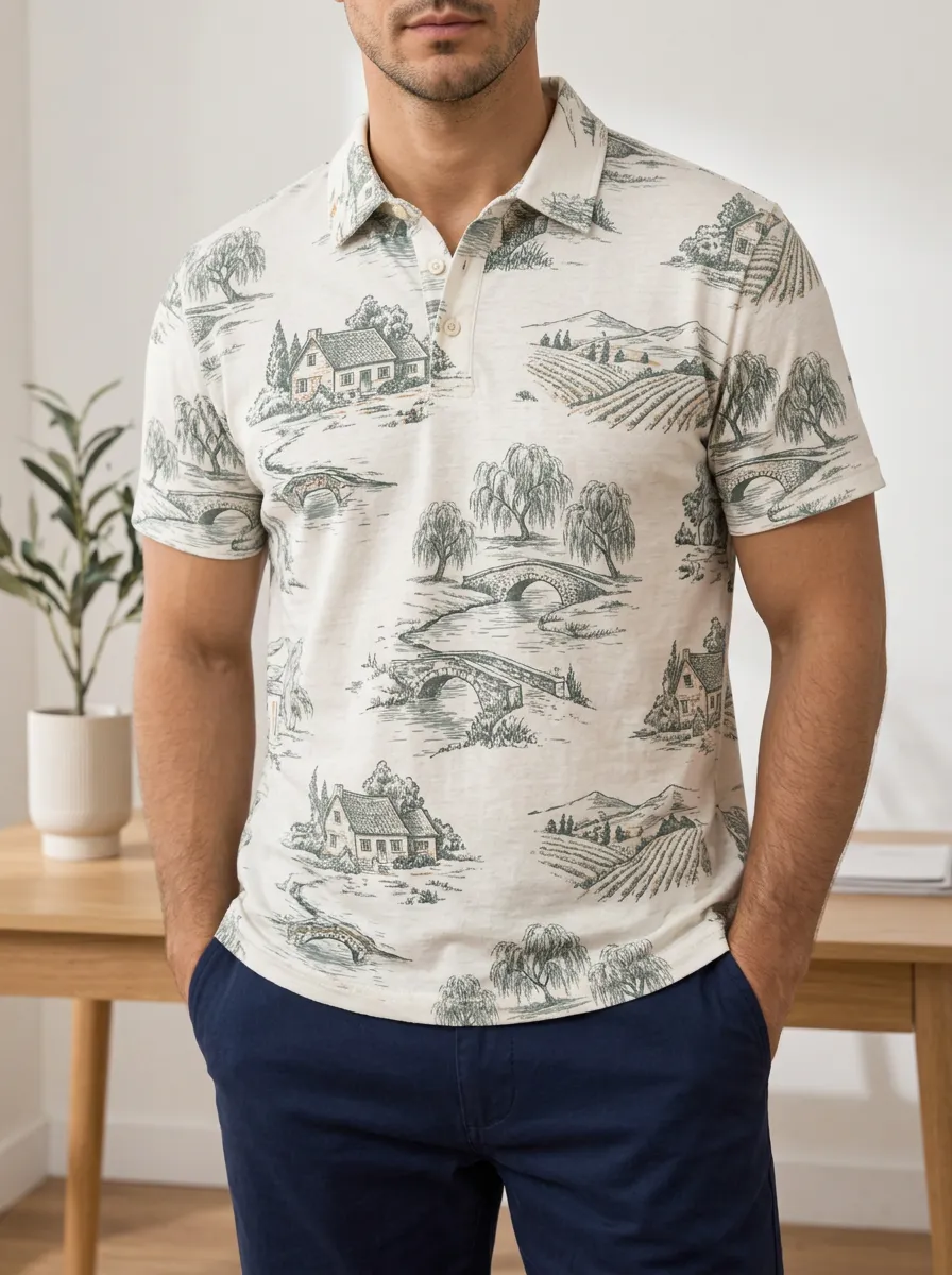 Men's Countryside Landscape Village Printed Polo Shirt