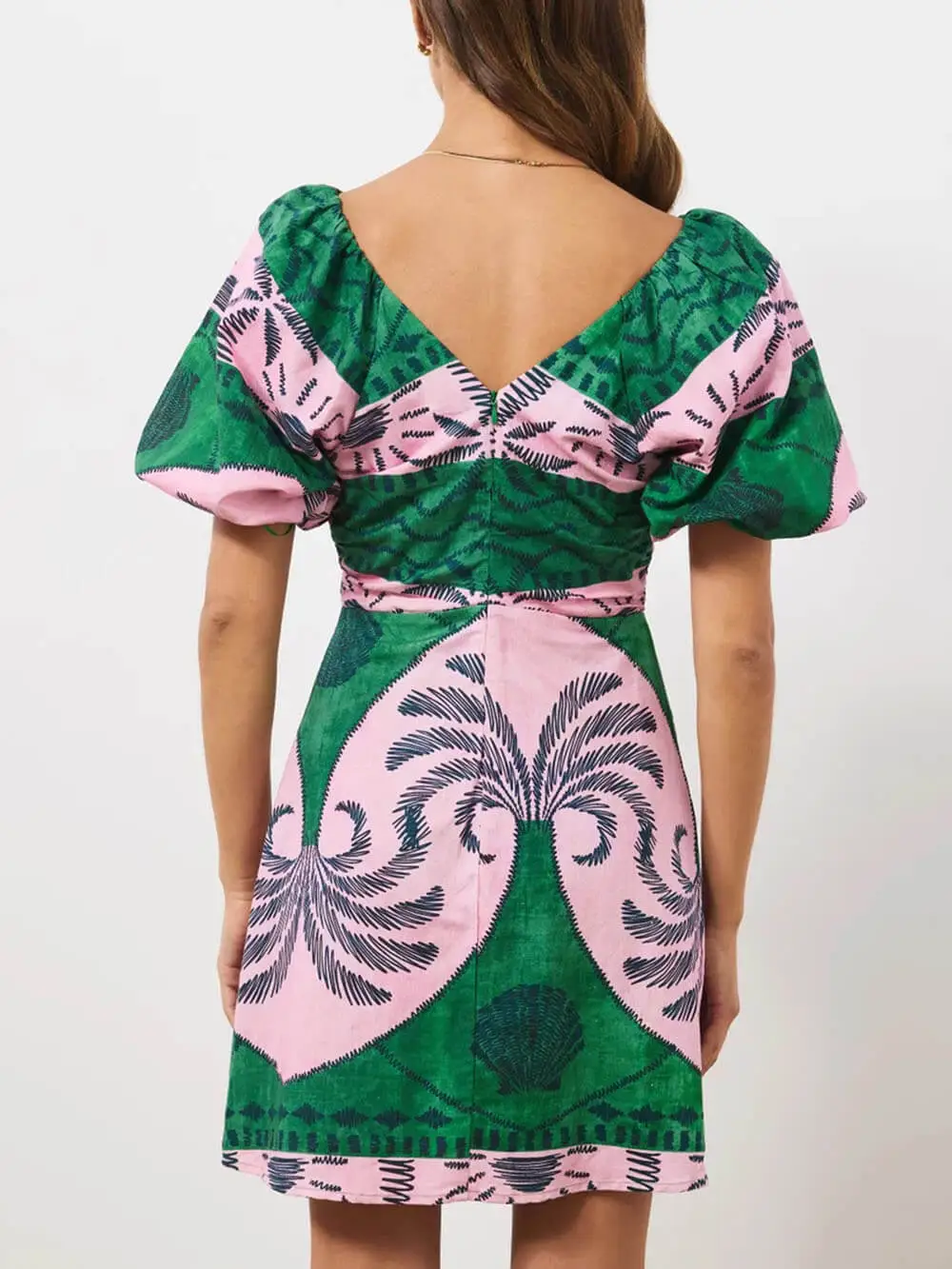 Unique Palm Print Puff Sleeve Mini Dress