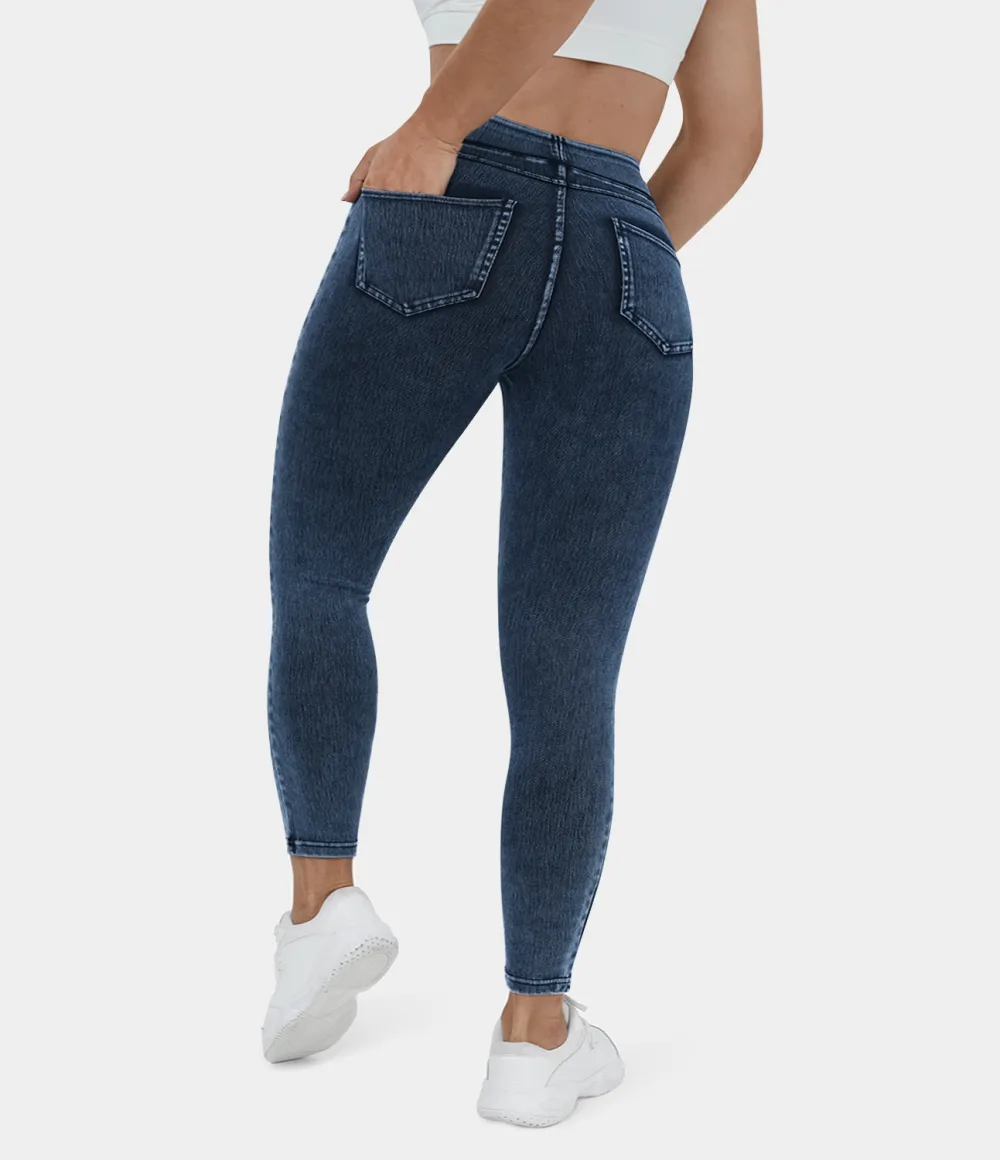 Magic High Waisted Back Side Pocket Stretchy Knit Denim Plus Size Casual Leggings