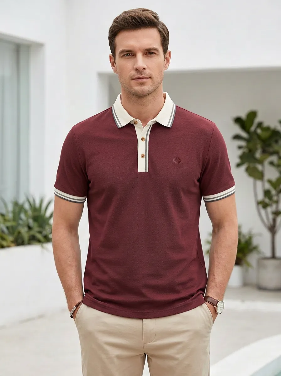 Men's Casual Business Contrast Collar Striped Trim Polo Shirt