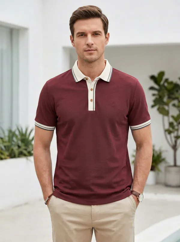 Men's Casual Business Contrast Collar Striped Trim Polo Shirt