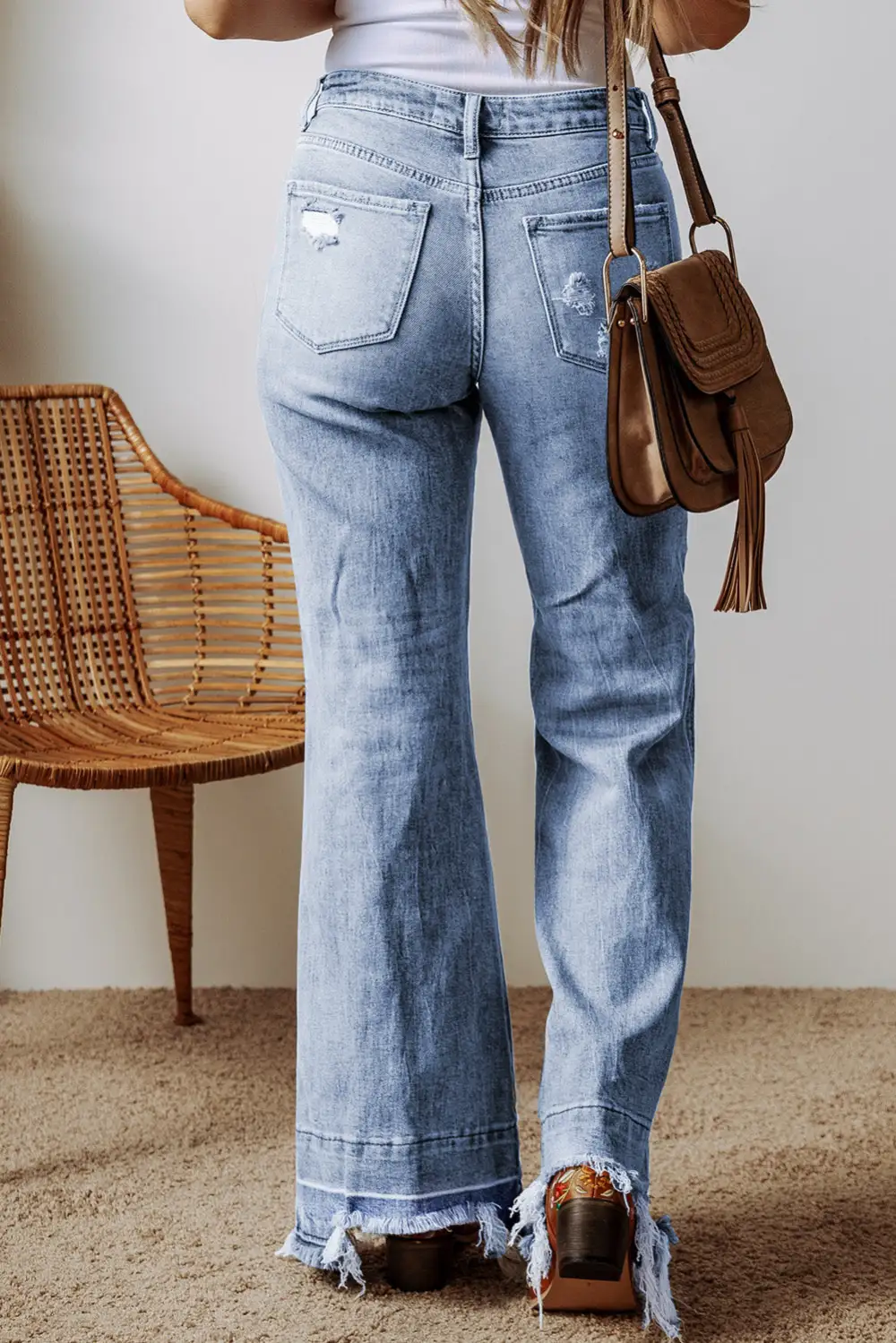 Structured Flare Leg Raw Hem Pocketed Denim Jeans