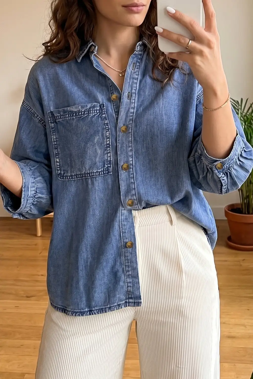 Women's Denim Three Quarter Sleeve Loose Fit Blouse