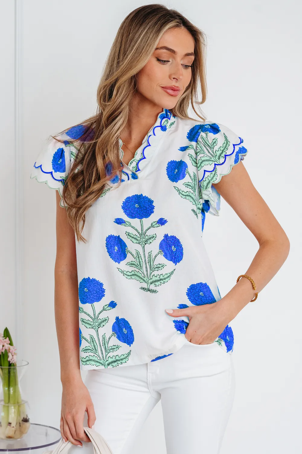 Blue Wild Flower Print Contrast Blouse