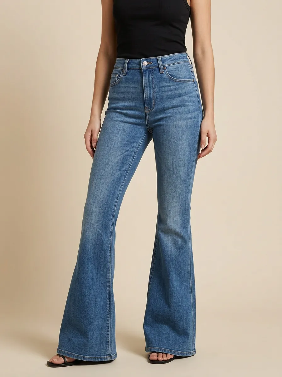 Relaxed Contrast Stitch Faded Finish Flare Jeans