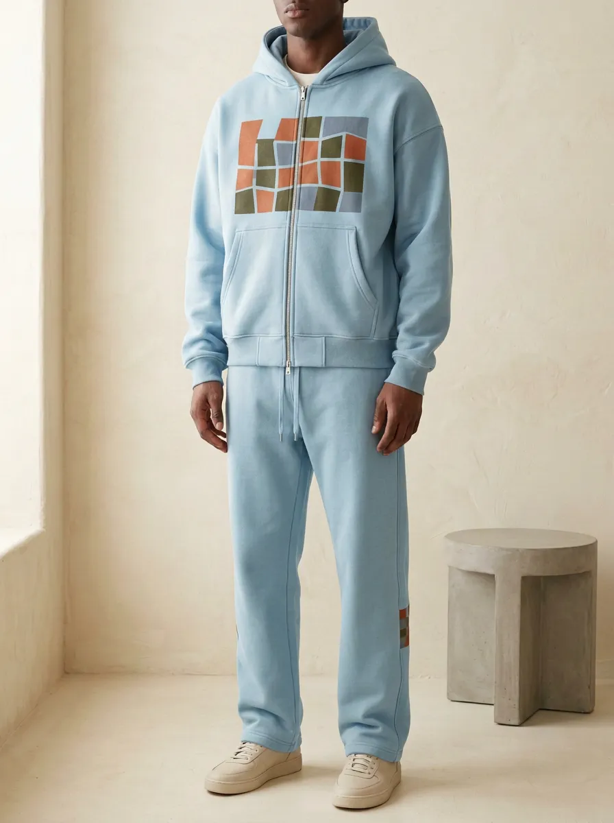 Men's Geometric Block Pattern Printed Hoodie Sweatsuit