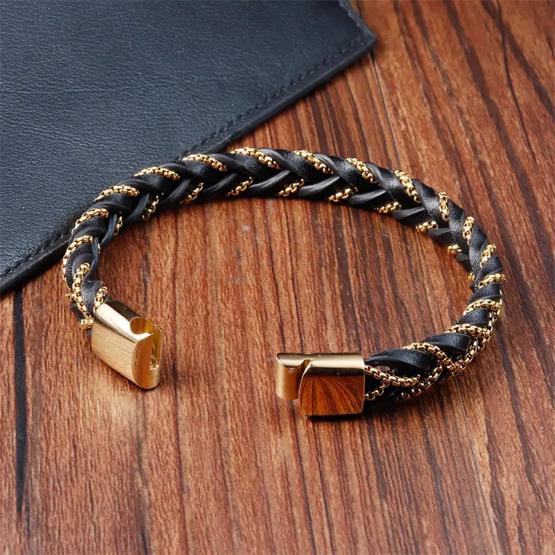 Simple Design Titanium Steel Braided Leather Buckle Bracelet