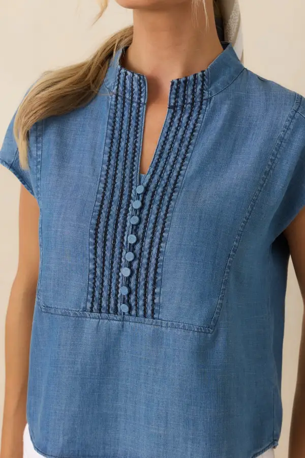 Pintuck Cap-Sleeve Short-Sleeve Embroidered Top