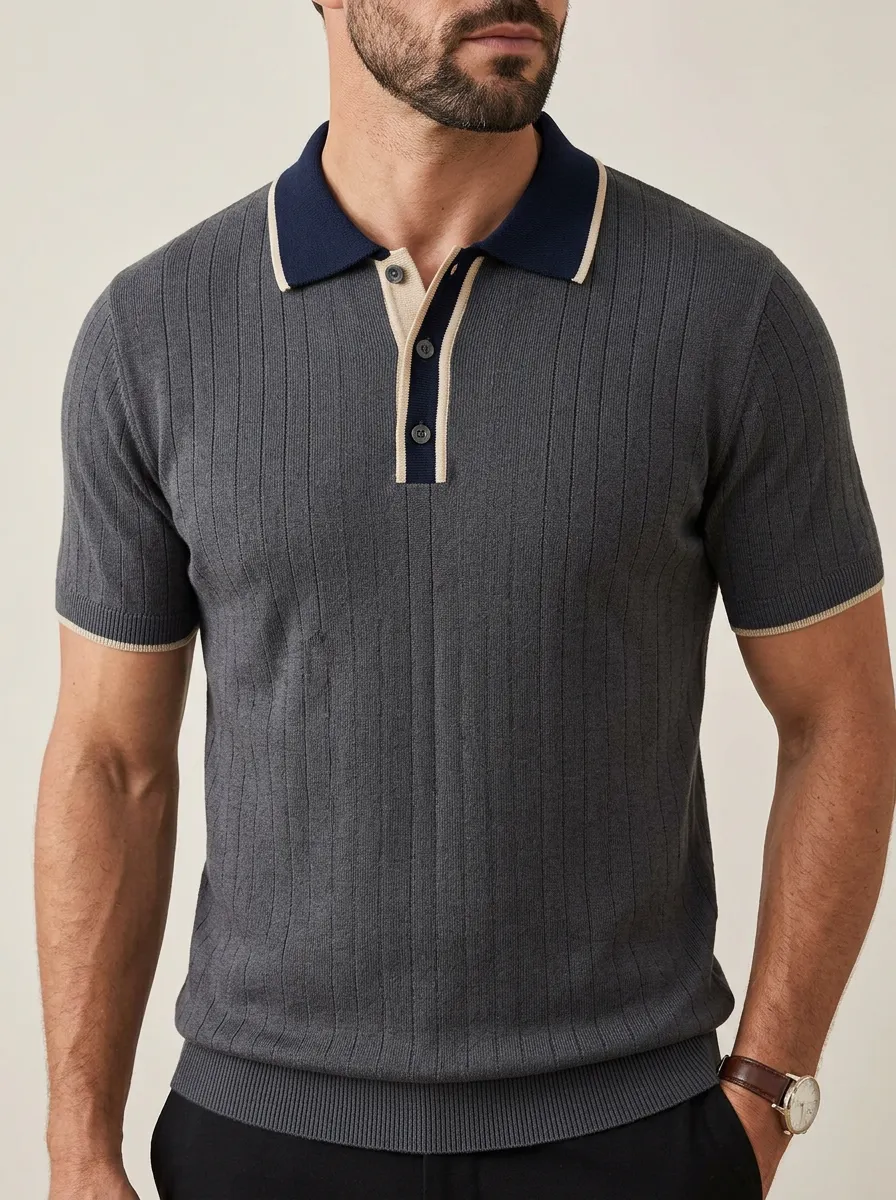 Men's Casual Vintage Vertical Ribbed Contrast Collar Polo Shirt
