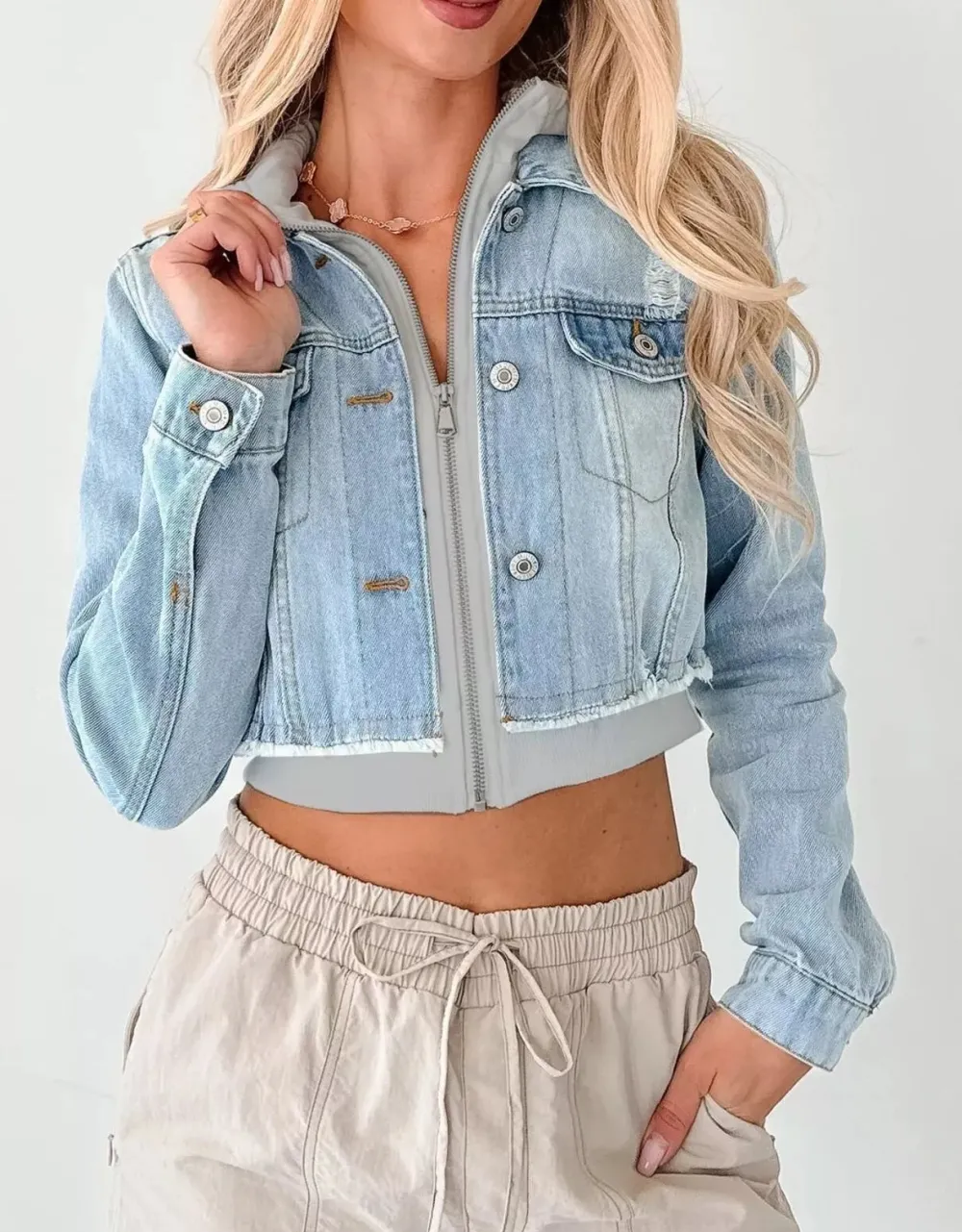Distressed Zip Up Cropped Hooded Jacket