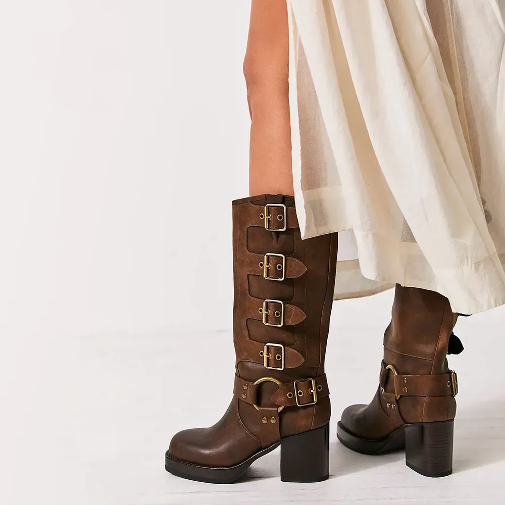 Faux-Leather Buckle-Detail Round-Toe Chunky-Heel Western Boots