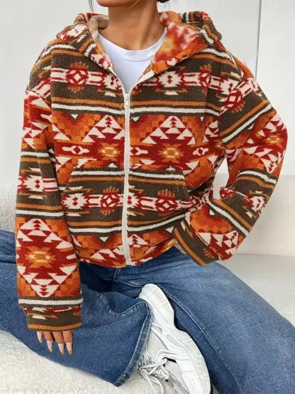 Aztec Print Zip Up Fuzzy Outerwear