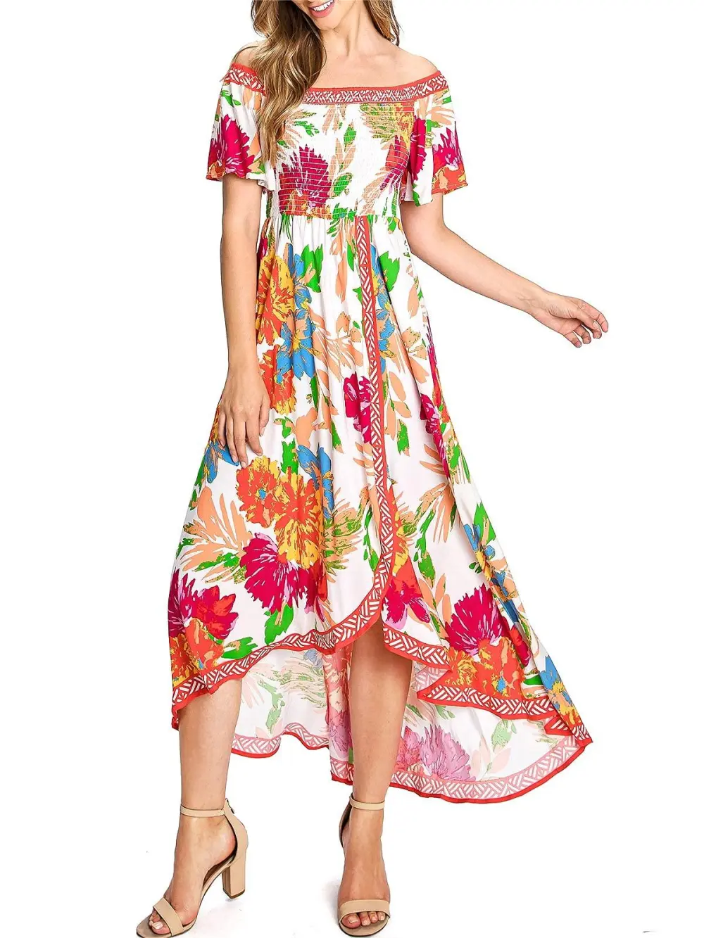 Black and Red Floral Off - Shoulder Dress