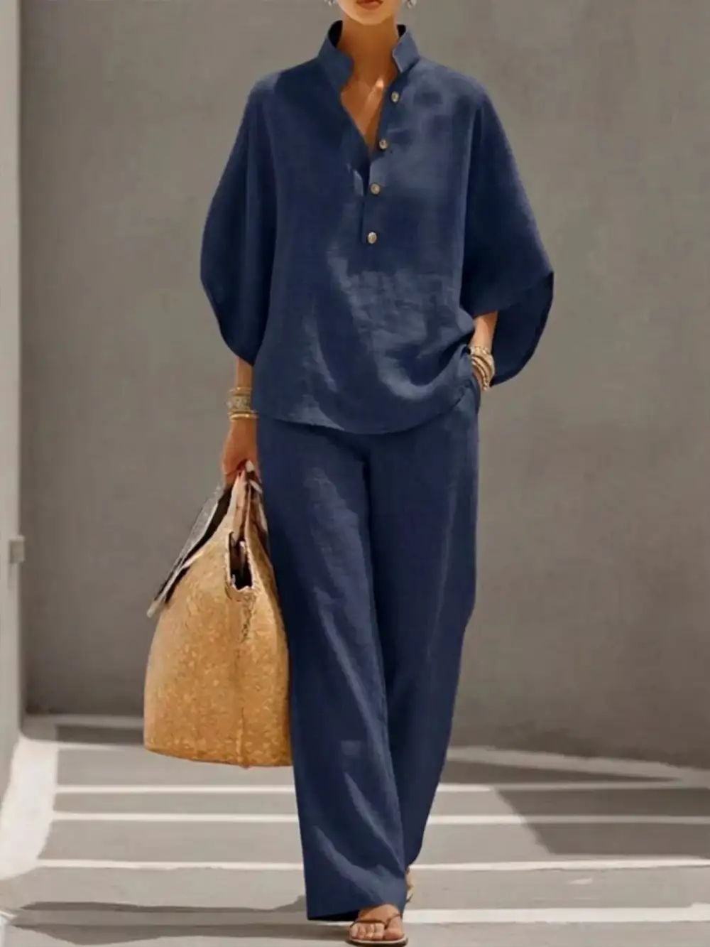 Full Size Button Detail Sleeve Top and Pants Set Plus Size