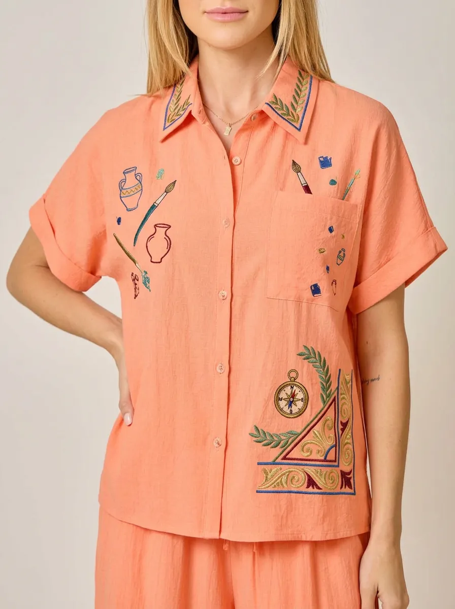 Women's Artist Explorer Compass Pottery Embroidered Button-up Shirt