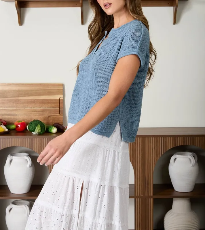 Split Neck Raw Edge Sheer Knit Top