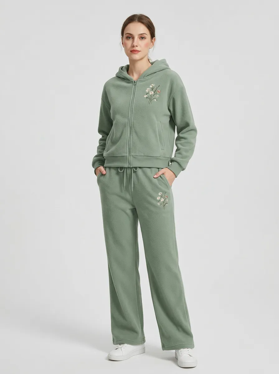 Women's Floral Embroidered Zip-Up Hoodie And Lounge Pants Set