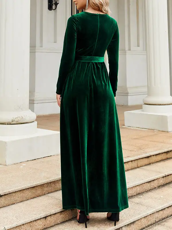 Pleated Wrap Belted Long Neck Maxi Dress